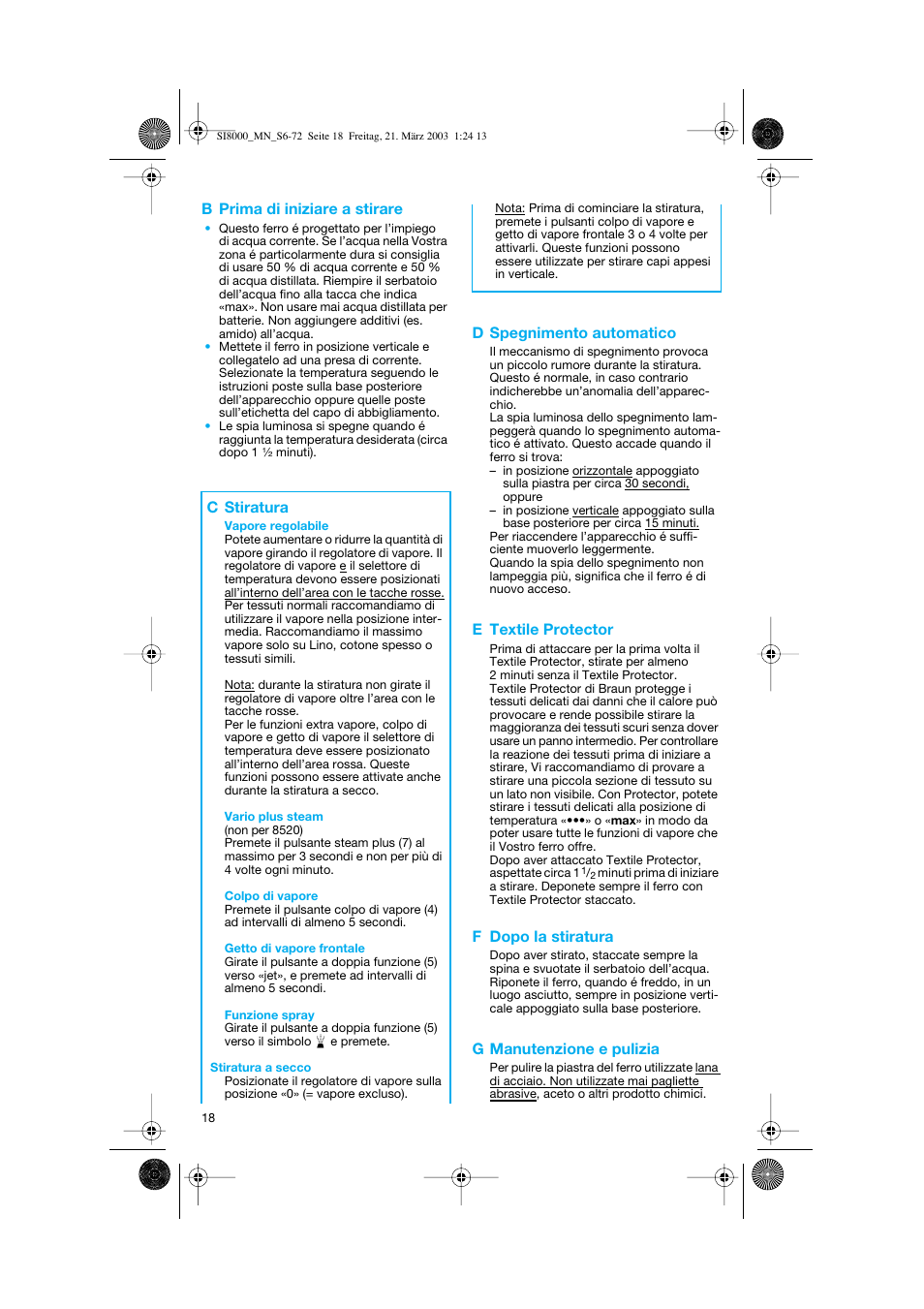 B prima di iniziare a stirare, D spegnimento automatico, E textile protector | F dopo la stiratura, G manutenzione e pulizia, C stiratura | Braun SI 8590  EU User Manual | Page 18 / 56