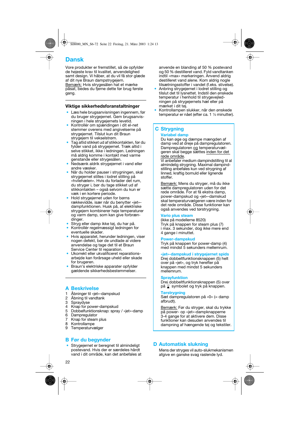 Dansk, A beskrivelse, B før du begynder | D automatisk slukning, C strygning | Braun SI 8590  EU User Manual | Page 22 / 56