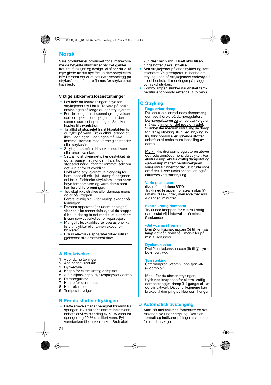 Norsk, A beskrivelse, B før du starter strykingen | D automatisk avstenging, C stryking | Braun SI 8590  EU User Manual | Page 24 / 56