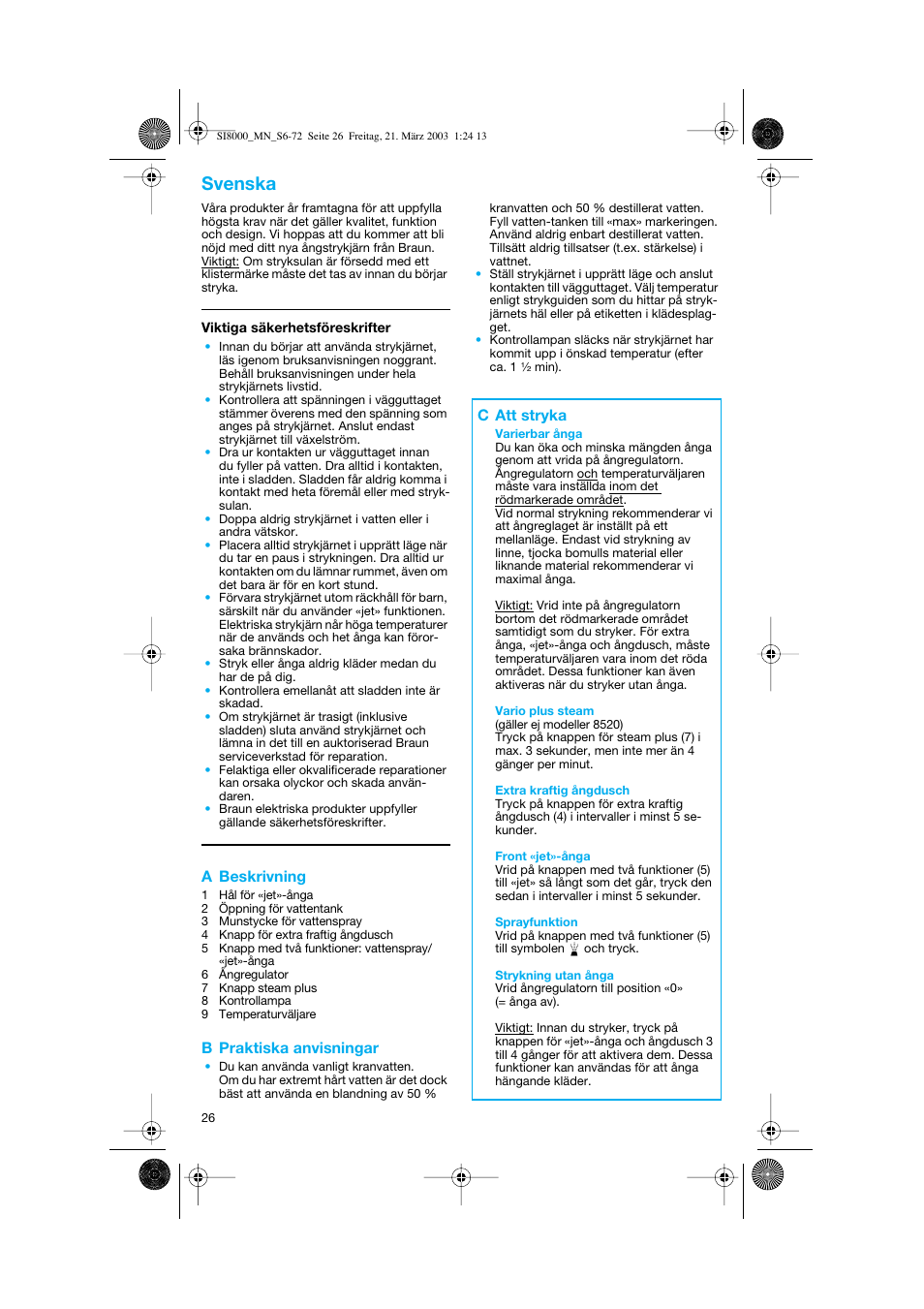 Svenska, A beskrivning, B praktiska anvisningar | C att stryka | Braun SI 8590  EU User Manual | Page 26 / 56