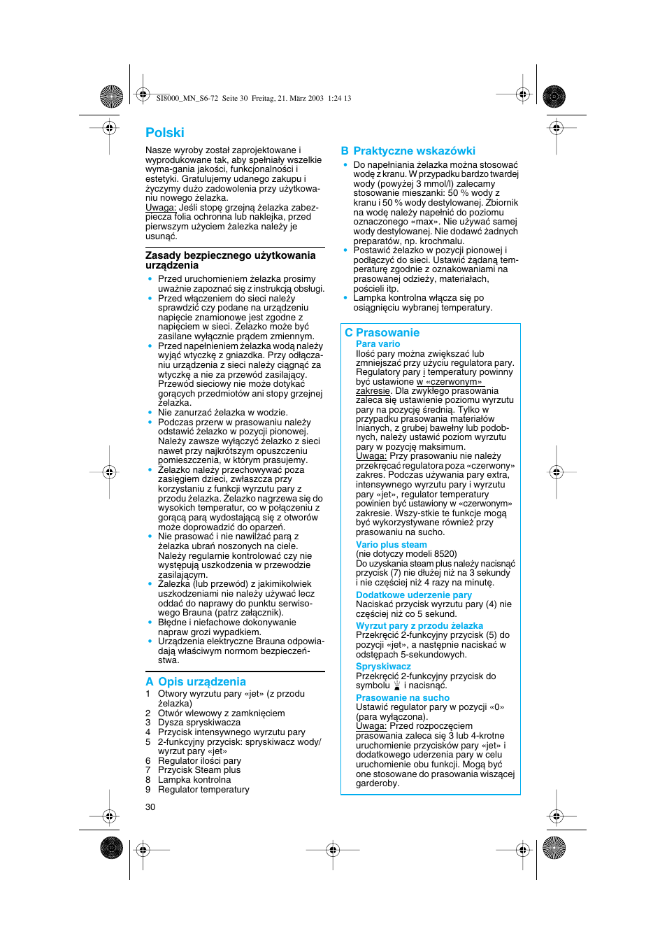 Polski, A opis urzàdzenia, B praktyczne wskazówki | C prasowanie | Braun SI 8590  EU User Manual | Page 30 / 56