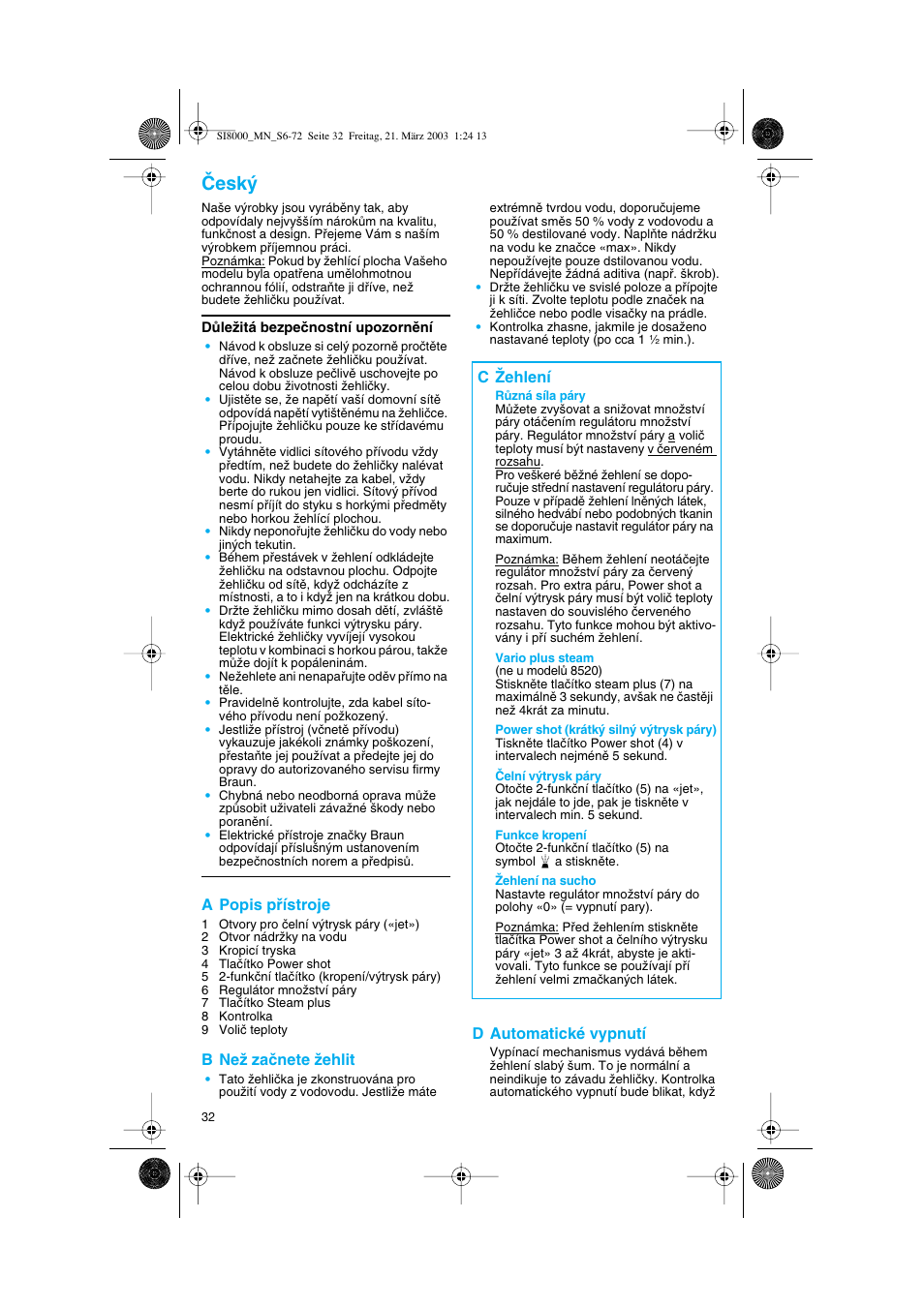 Cesky, Âesk, A popis pﬁístroje | B neï zaãnete ïehlit, D automatické vypnutí, C îehlení | Braun SI 8590  EU User Manual | Page 32 / 56