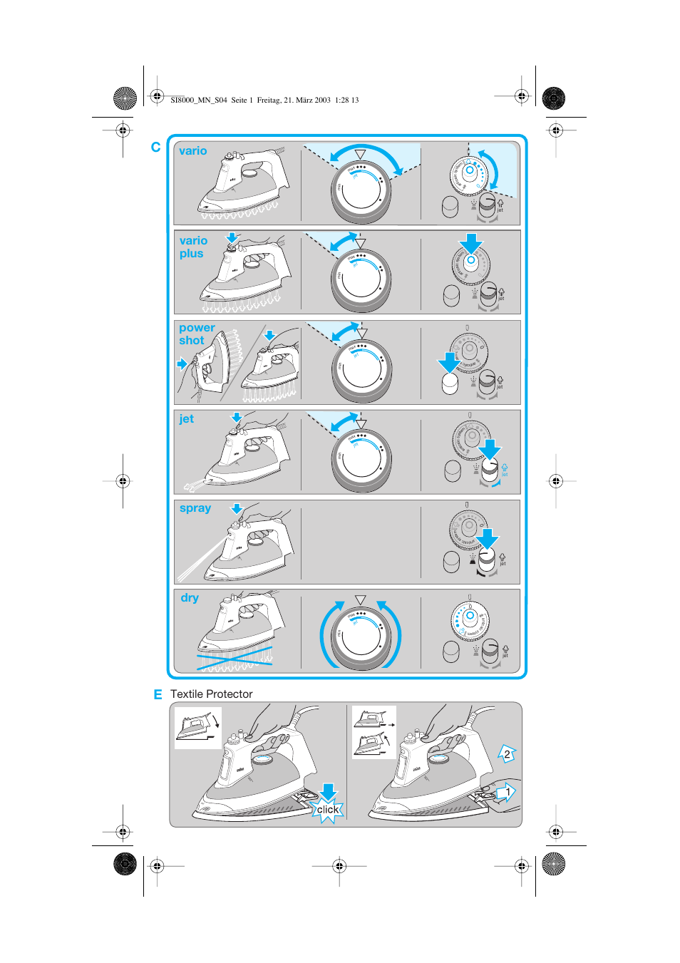 Textile protector, Vario vario plus power shot jet spray dry, Max m ax m ax max | Max min jet | Braun SI 8590  EU User Manual | Page 4 / 56