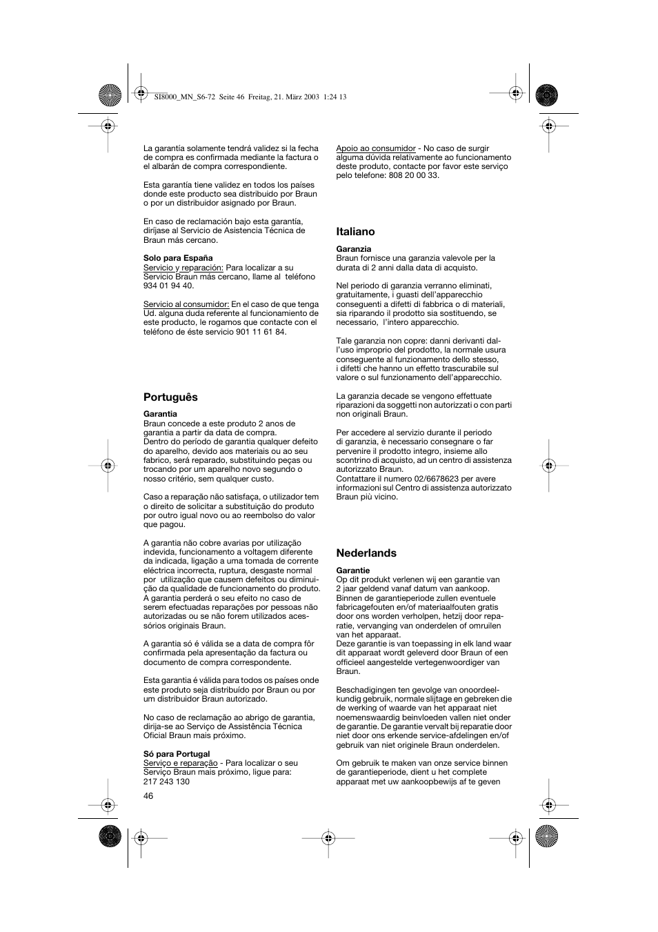 Português, Italiano, Nederlands | Braun SI 8590  EU User Manual | Page 46 / 56