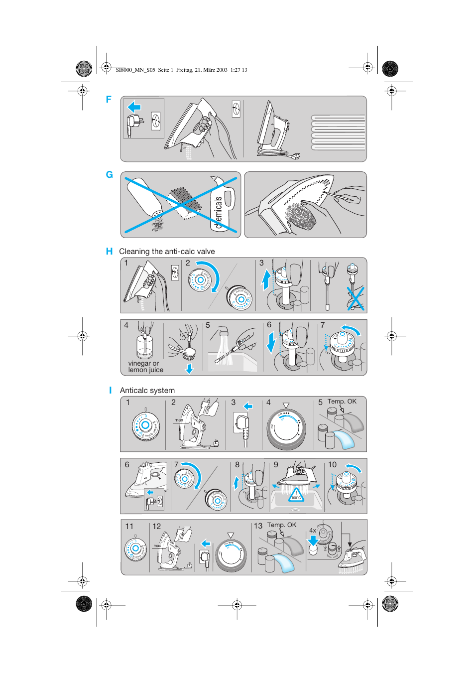 Chemicals, Cleaning the anti-calc valve 1 2 3 anticalc system, Vinegar or lemon juice | Max jet max min, Jet ma x | Braun SI 8590  EU User Manual | Page 5 / 56