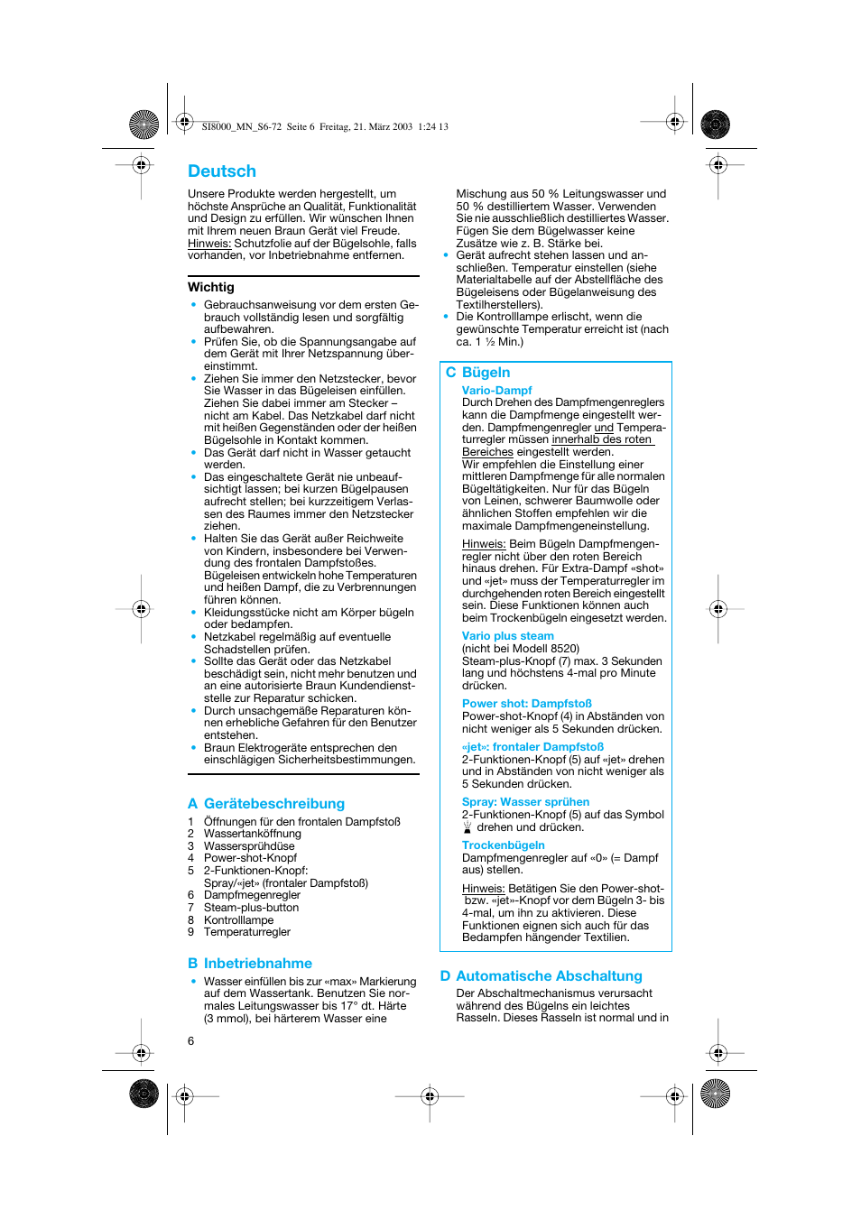 Deutsch, A gerätebeschreibung, B inbetriebnahme | D automatische abschaltung, C bügeln | Braun SI 8590  EU User Manual | Page 6 / 56
