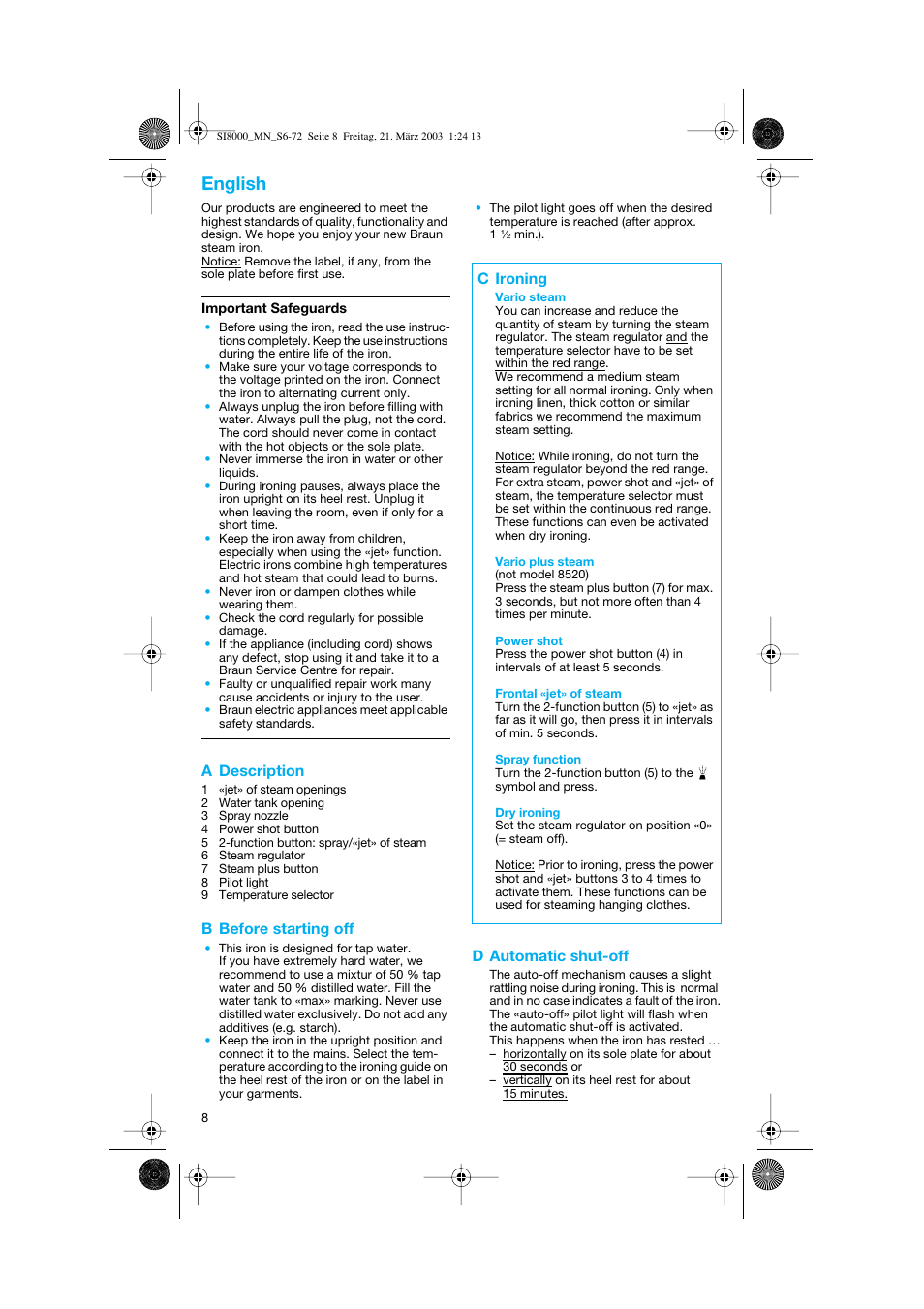 English, A description, B before starting off | D automatic shut-off, C ironing | Braun SI 8590  EU User Manual | Page 8 / 56