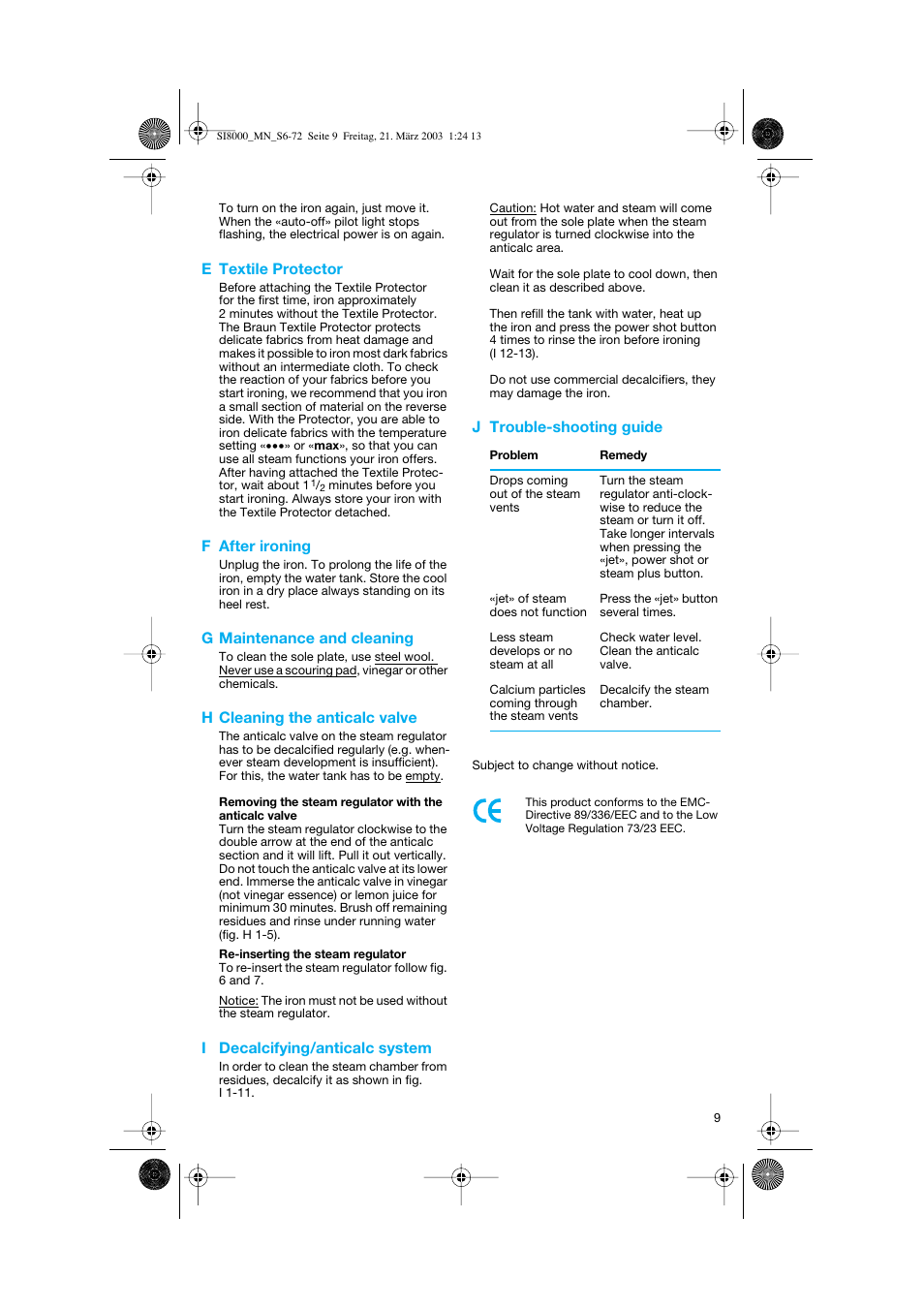 E textile protector, F after ironing, G maintenance and cleaning | H cleaning the anticalc valve, I decalcifying/anticalc system, J trouble-shooting guide | Braun SI 8590  EU User Manual | Page 9 / 56