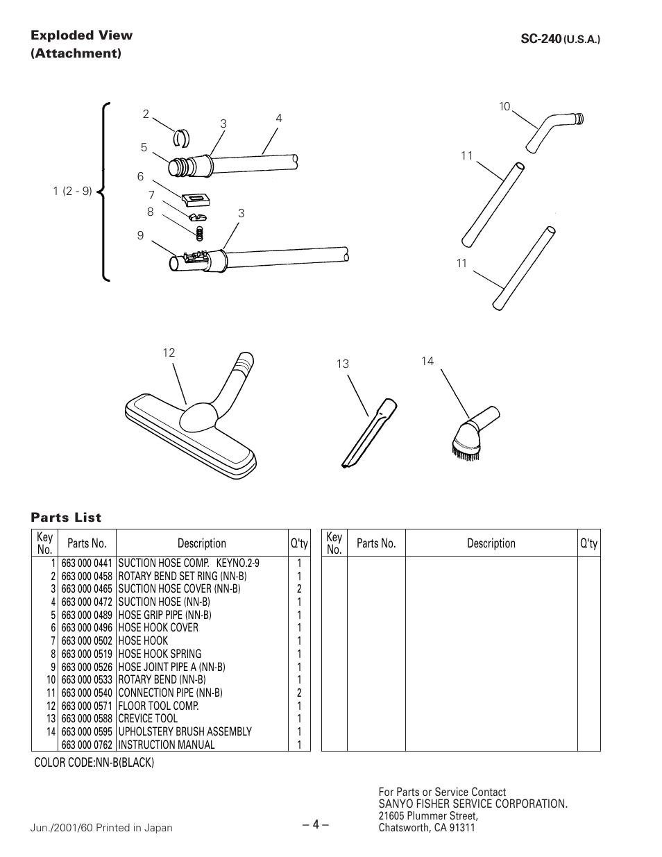 Exploded view(attachment), Parts list(attachment) | Sanyo SC-240 User Manual | Page 4 / 4