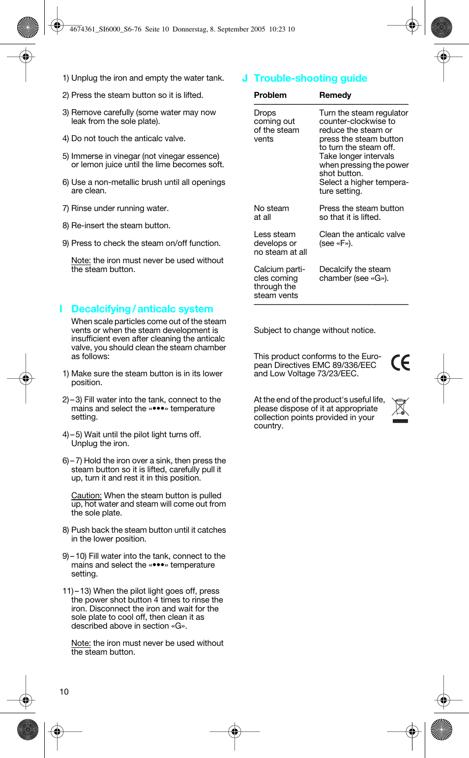 I decalcifying / anticalc system, J trouble-shooting guide | Braun SI 6591 User Manual | Page 10 / 73