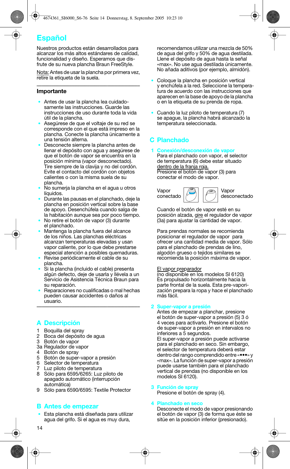 Español, A descripción, B antes de empezar | C planchado | Braun SI 6591 User Manual | Page 14 / 73