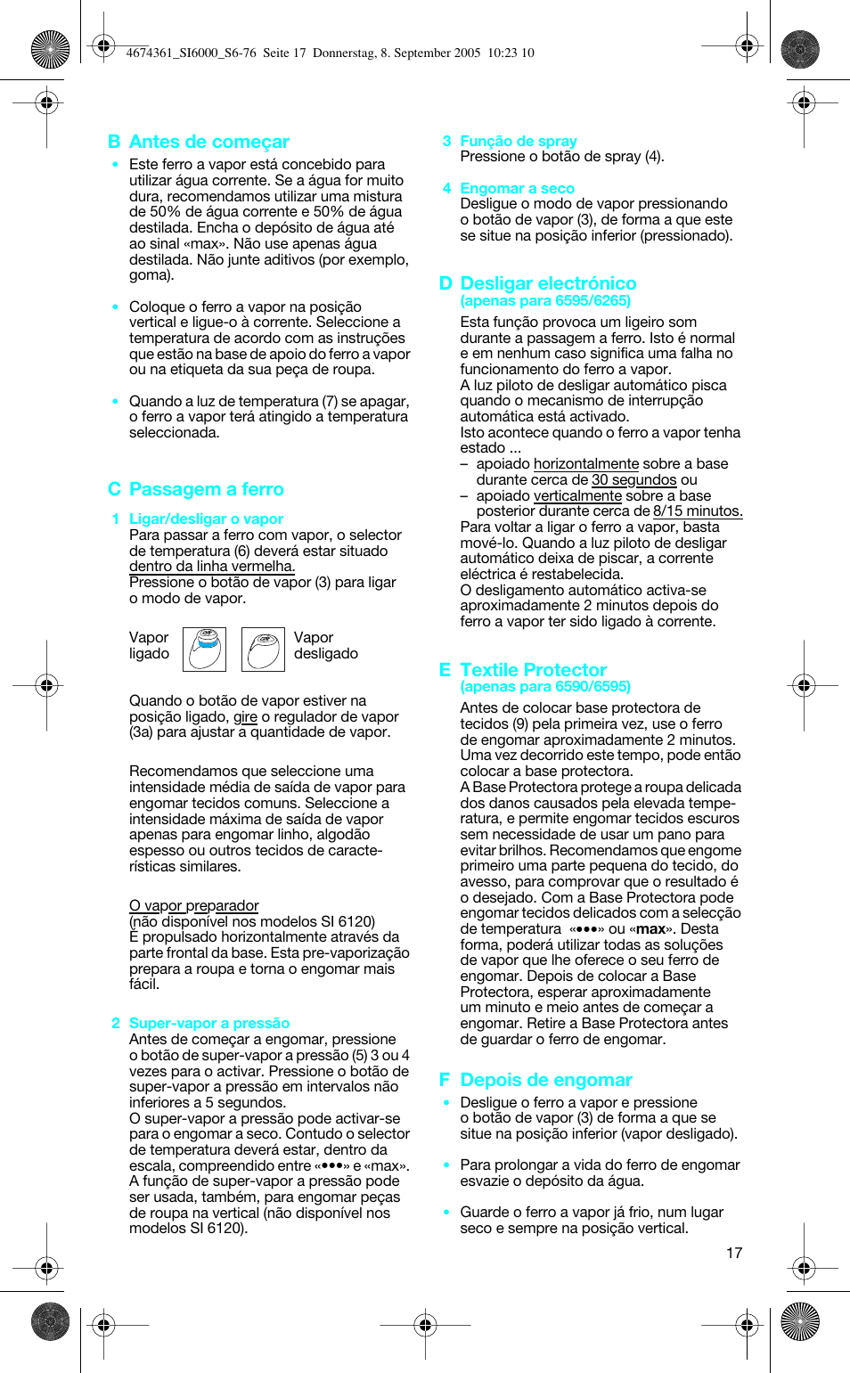 B antes de começar, C passagem a ferro, D desligar electrónico | E textile protector, F depois de engomar | Braun SI 6591 User Manual | Page 17 / 73