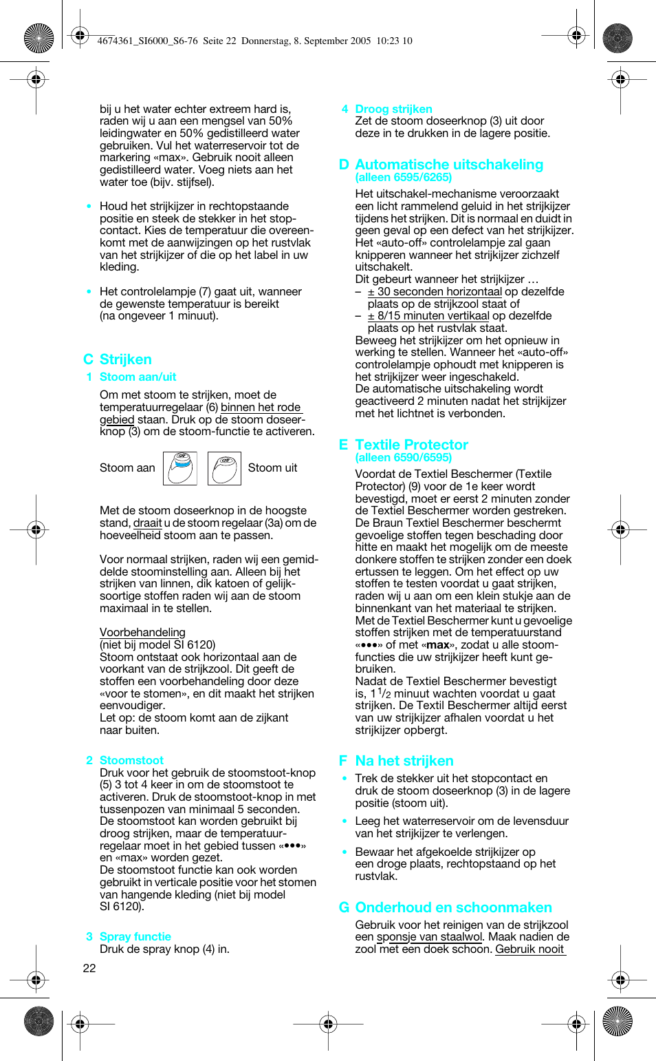 C strijken, D automatische uitschakeling, E textile protector | F na het strijken, G onderhoud en schoonmaken | Braun SI 6591 User Manual | Page 22 / 73