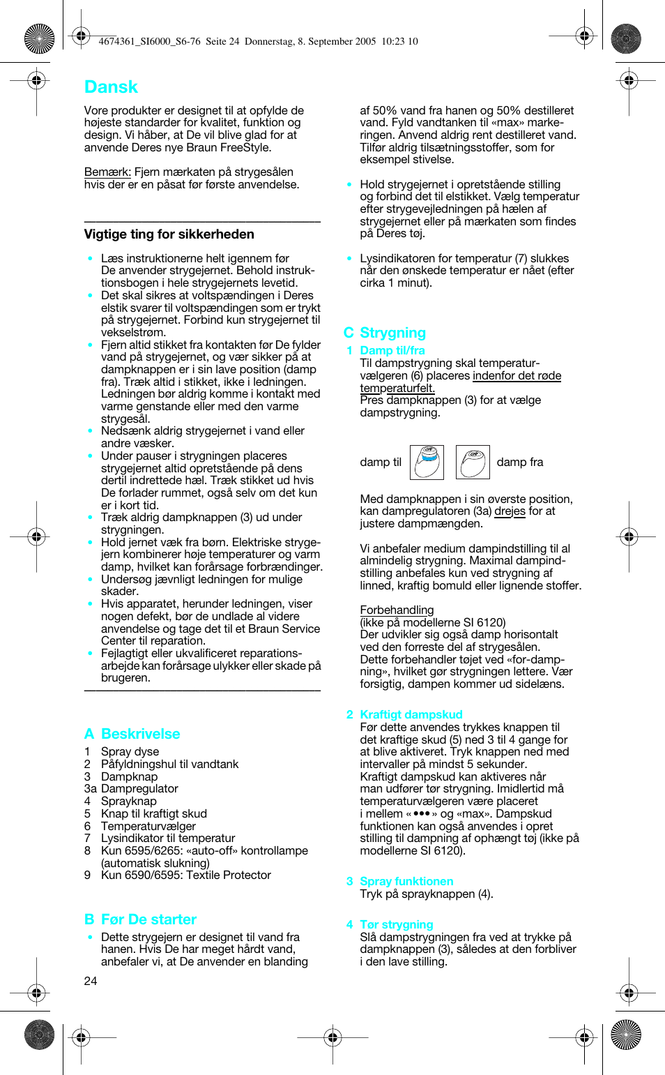 Dansk, A beskrivelse, B før de starter | C strygning | Braun SI 6591 User Manual | Page 24 / 73