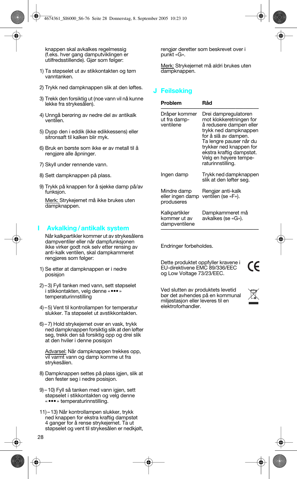 I avkalking / antikalk system, J feilsøking | Braun SI 6591 User Manual | Page 28 / 73