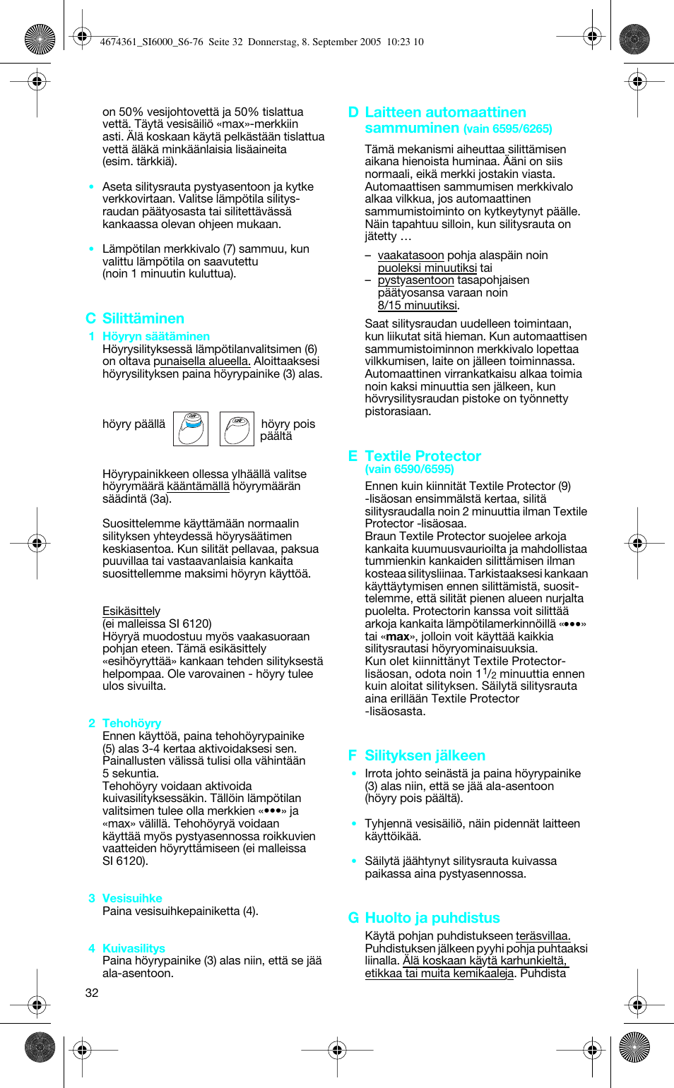 C silittäminen, D laitteen automaattinen sammuminen, E textile protector | F silityksen jälkeen, G huolto ja puhdistus | Braun SI 6591 User Manual | Page 32 / 73