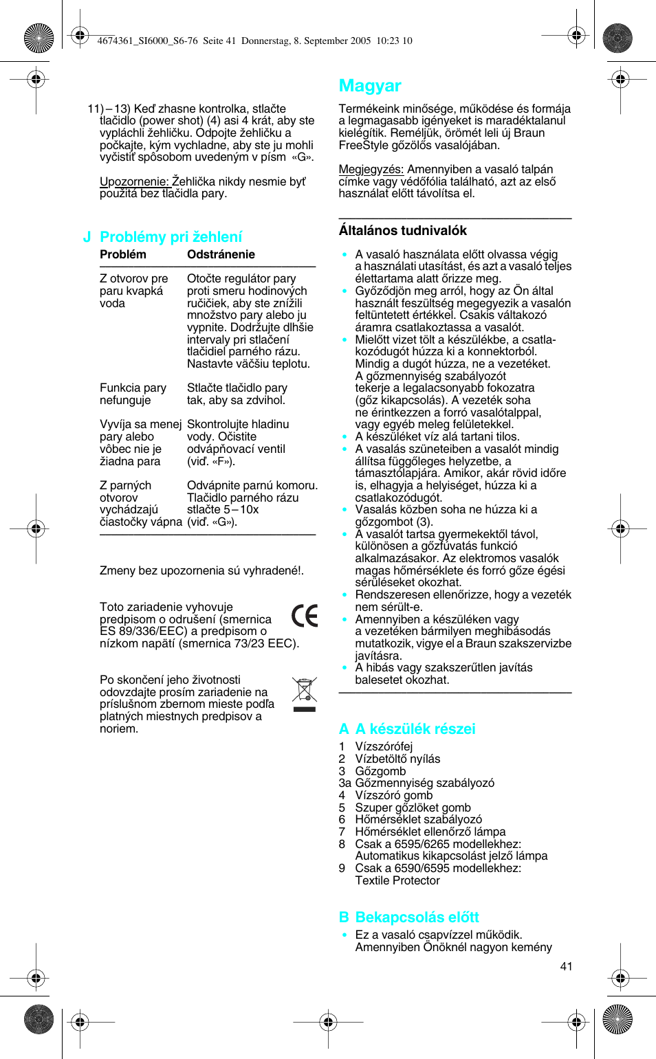 Magyar, J problémy pri ïehlení, A a készülék részei | B bekapcsolás elœtt | Braun SI 6591 User Manual | Page 41 / 73