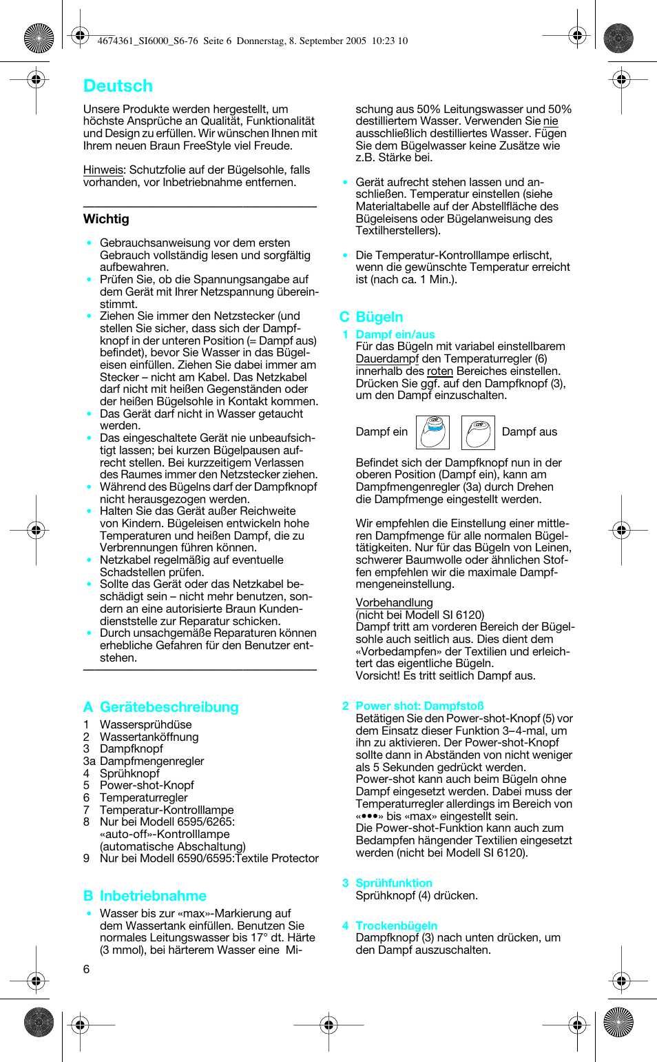 Deutsch, A gerätebeschreibung, B inbetriebnahme | C bügeln | Braun SI 6591 User Manual | Page 6 / 73