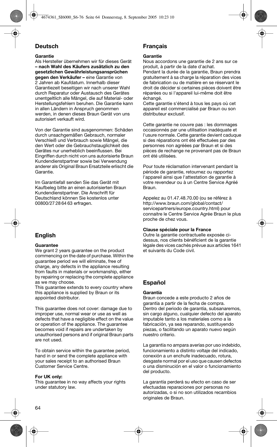 Deutsch, English, Français | Español | Braun SI 6591 User Manual | Page 64 / 73