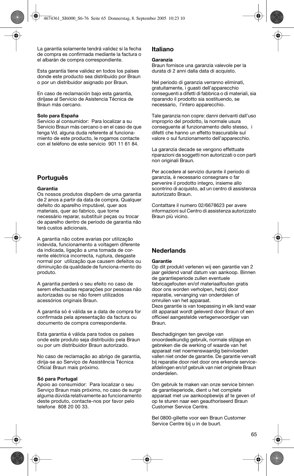 Português, Italiano, Nederlands | Braun SI 6591 User Manual | Page 65 / 73