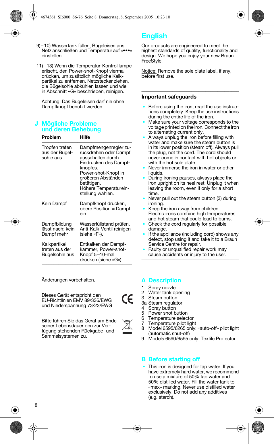 English, J mögliche probleme und deren behebung, A description | B before starting off | Braun SI 6591 User Manual | Page 8 / 73