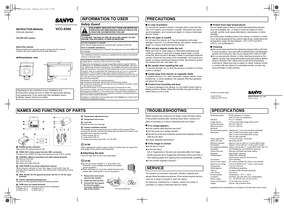 Sanyo Vcc-4344 User Manual | 2 pages