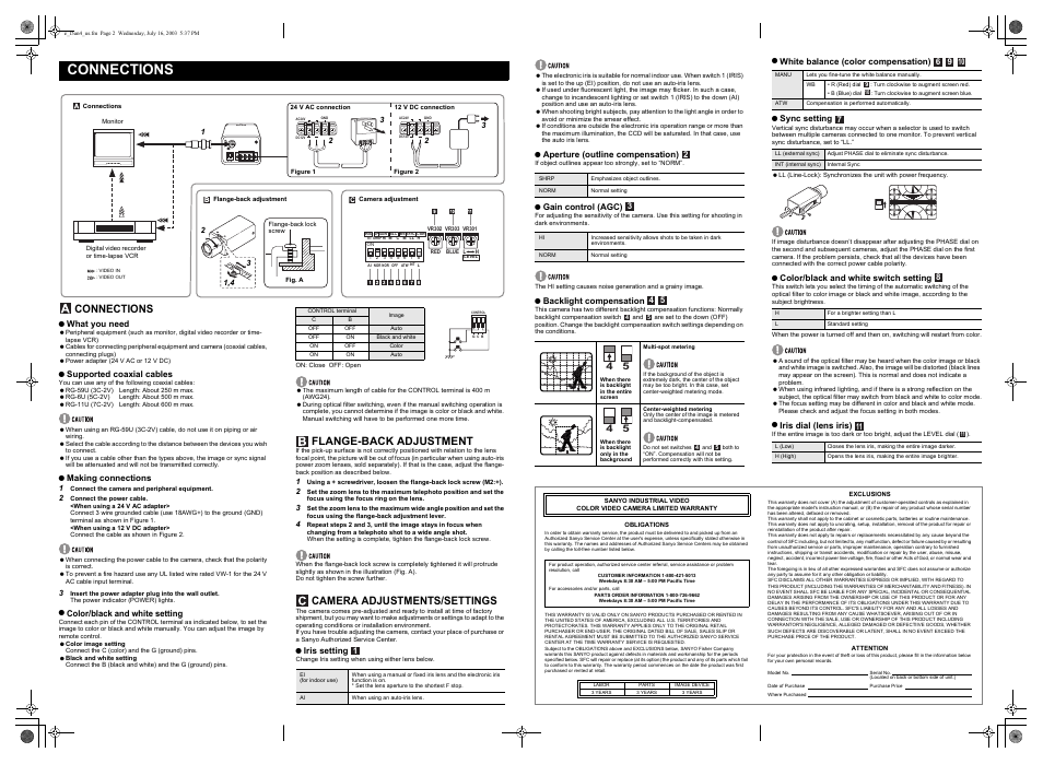 Connections, Flange-back adjustment, Camera adjustments/settings | Sanyo Vcc-4344 User Manual | Page 2 / 2