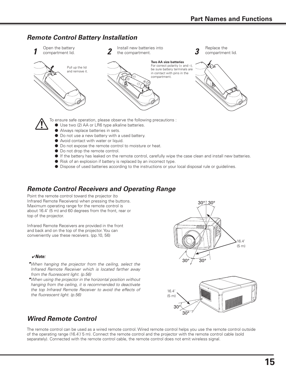 Remote control battery installation, Remote control receivers and operating range, Wired remote control | Wired remote control part names and functions | Sanyo PDG-DHT8000L User Manual | Page 15 / 94