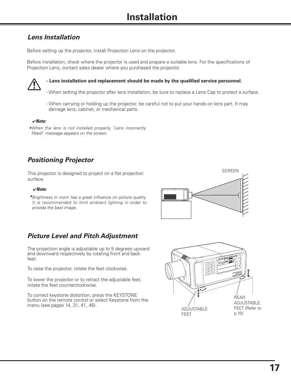 Installation, Lens installation, Positioning projector | Picture level and pitch adjustment, 17 installation | Sanyo PDG-DHT8000L User Manual | Page 17 / 94