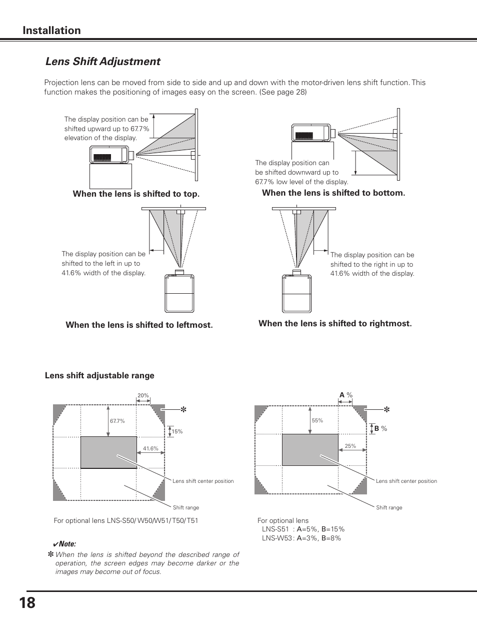 Lens shift adjustment, Installation | Sanyo PDG-DHT8000L User Manual | Page 18 / 94