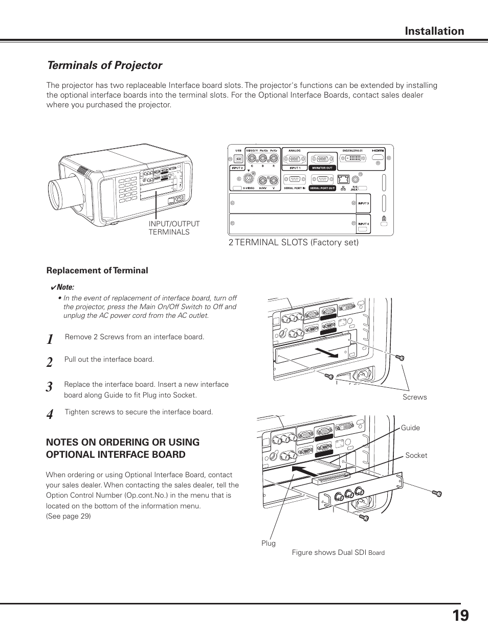 Terminals of projector, Installation | Sanyo PDG-DHT8000L User Manual | Page 19 / 94