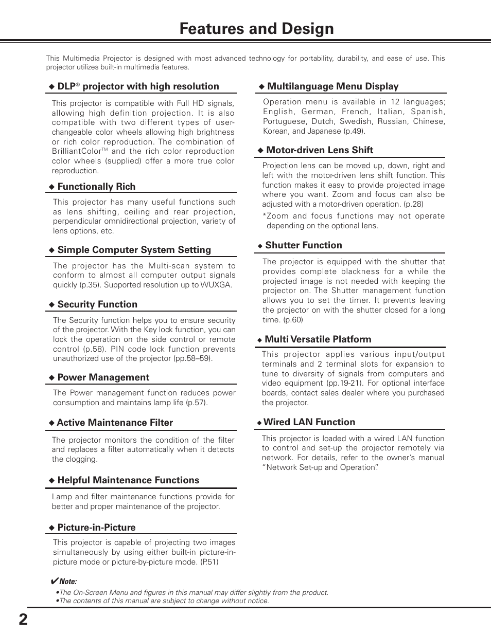 Features and design | Sanyo PDG-DHT8000L User Manual | Page 2 / 94