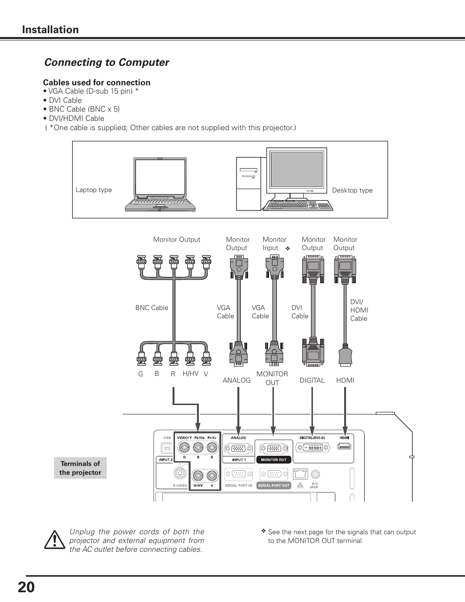 Connecting to computer, Installation connecting to computer | Sanyo PDG-DHT8000L User Manual | Page 20 / 94