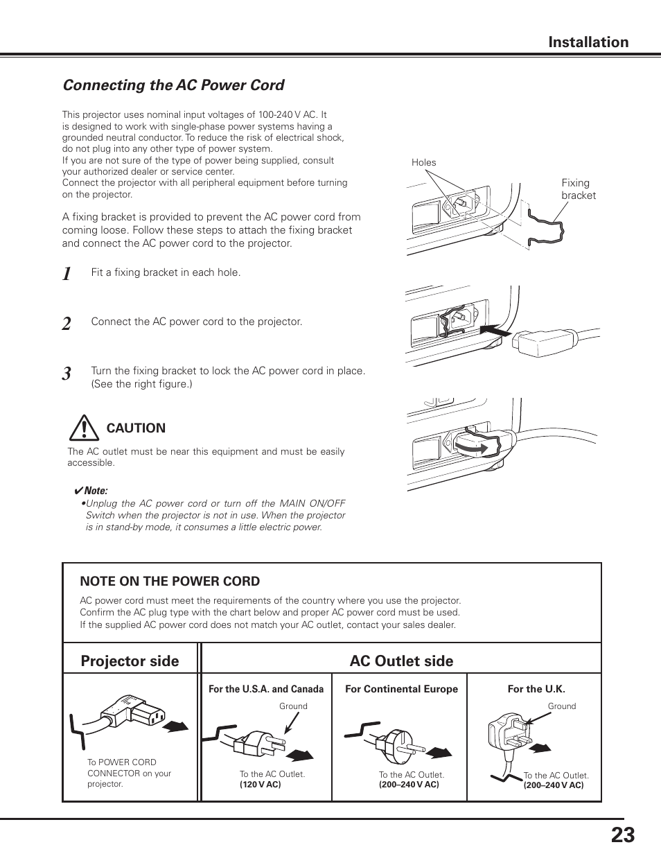Connecting the ac power cord, Projector side ac outlet side, Connecting the ac power cord installation | Sanyo PDG-DHT8000L User Manual | Page 23 / 94