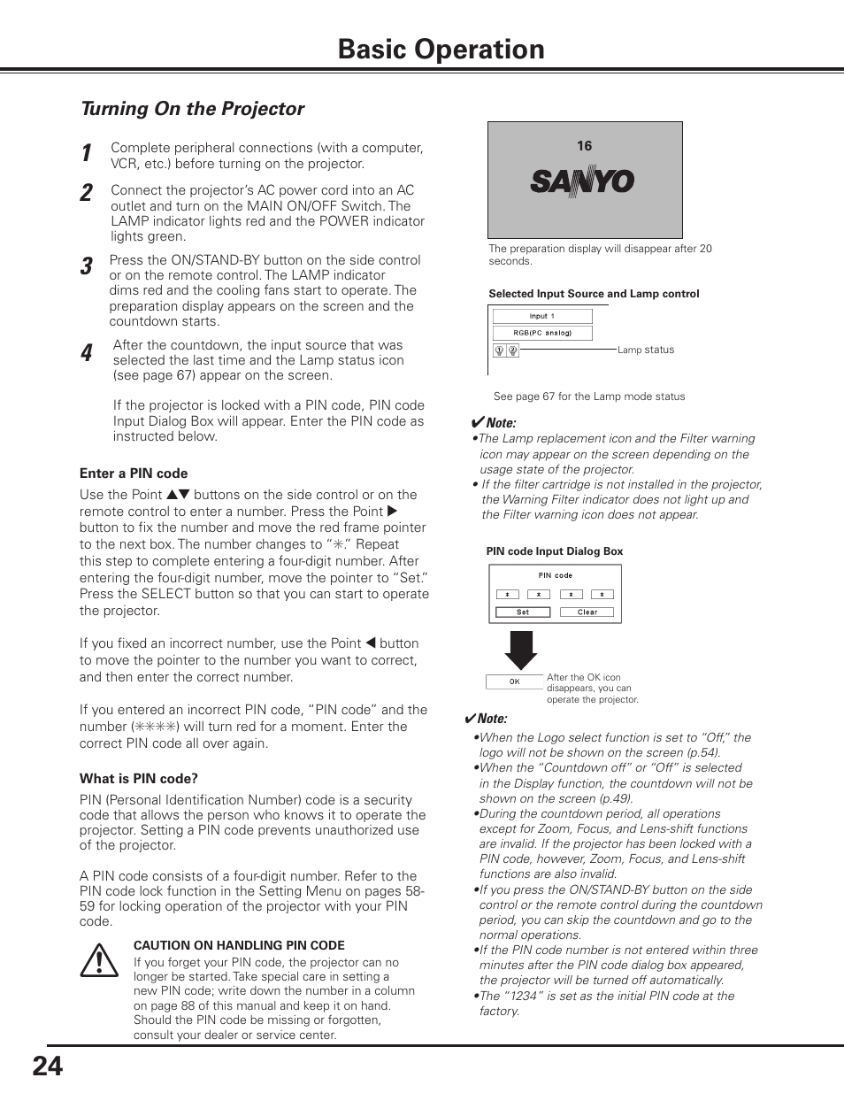 Basic operation, Turning on the projector | Sanyo PDG-DHT8000L User Manual | Page 24 / 94