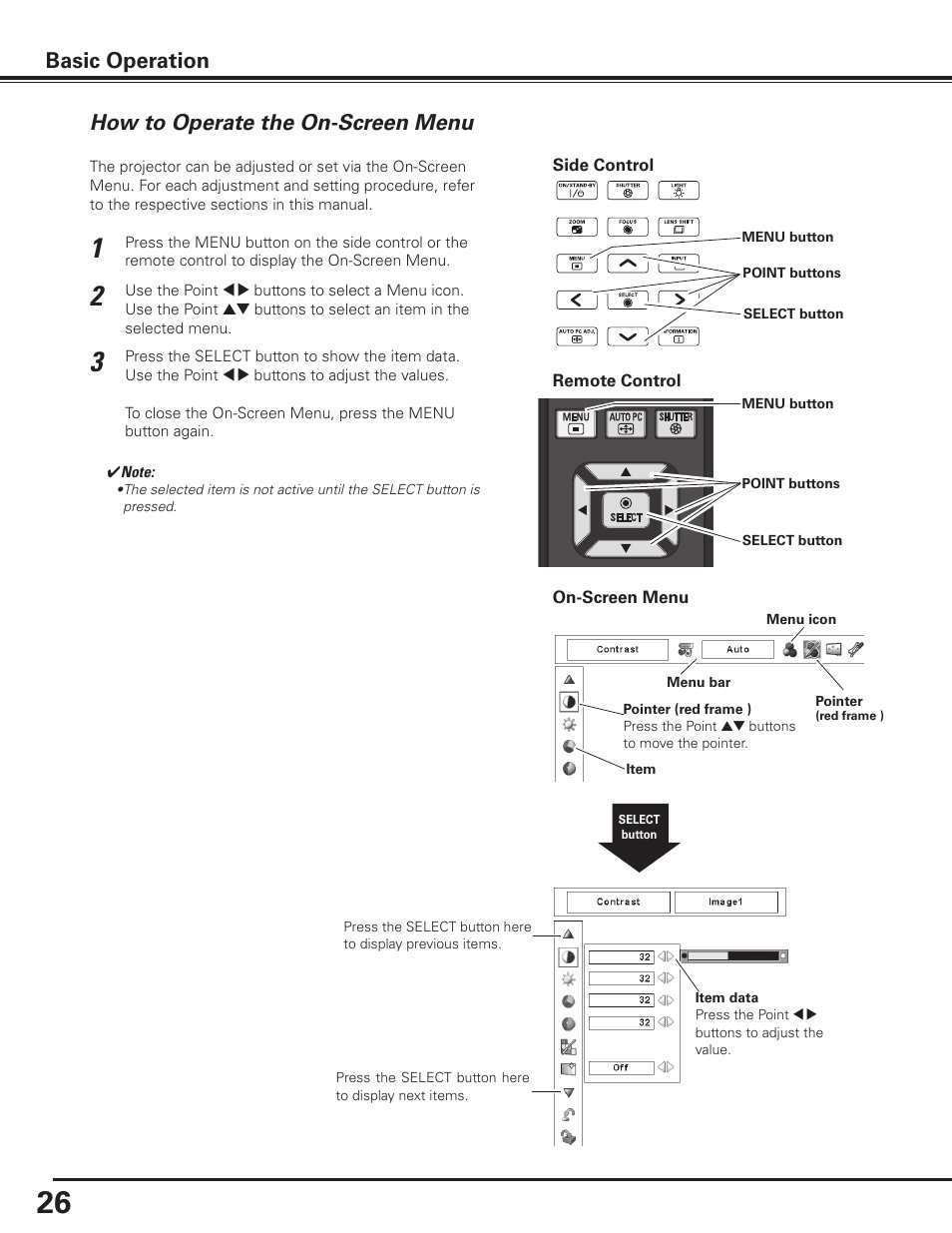 How to operate the on-screen menu, Basic operation | Sanyo PDG-DHT8000L User Manual | Page 26 / 94