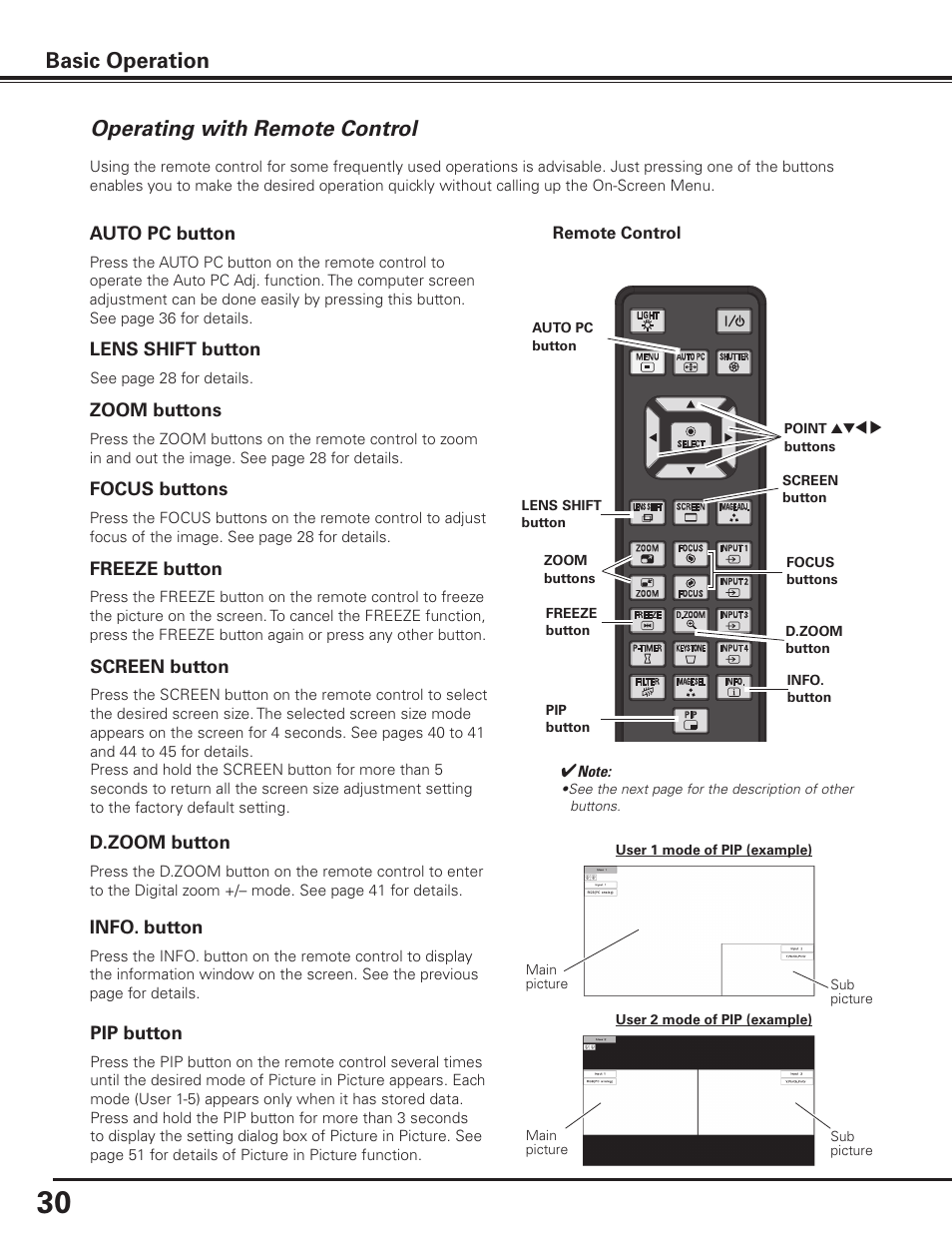 Operating with remote control, Basic operation | Sanyo PDG-DHT8000L User Manual | Page 30 / 94