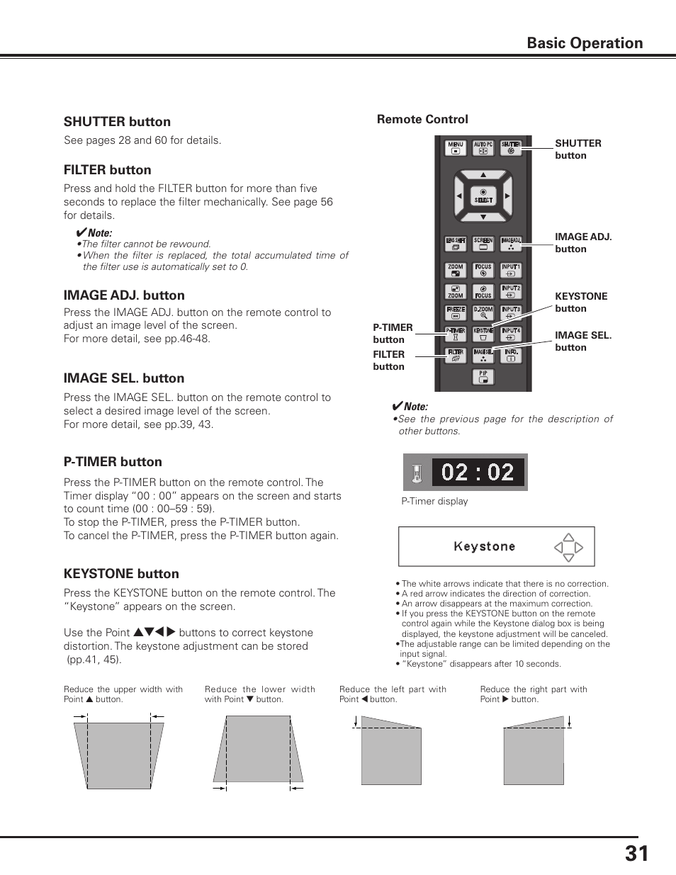 Basic operation, Keystone button, P-timer button | Image adj . button image sel . button, Shutter button, Filter button | Sanyo PDG-DHT8000L User Manual | Page 31 / 94