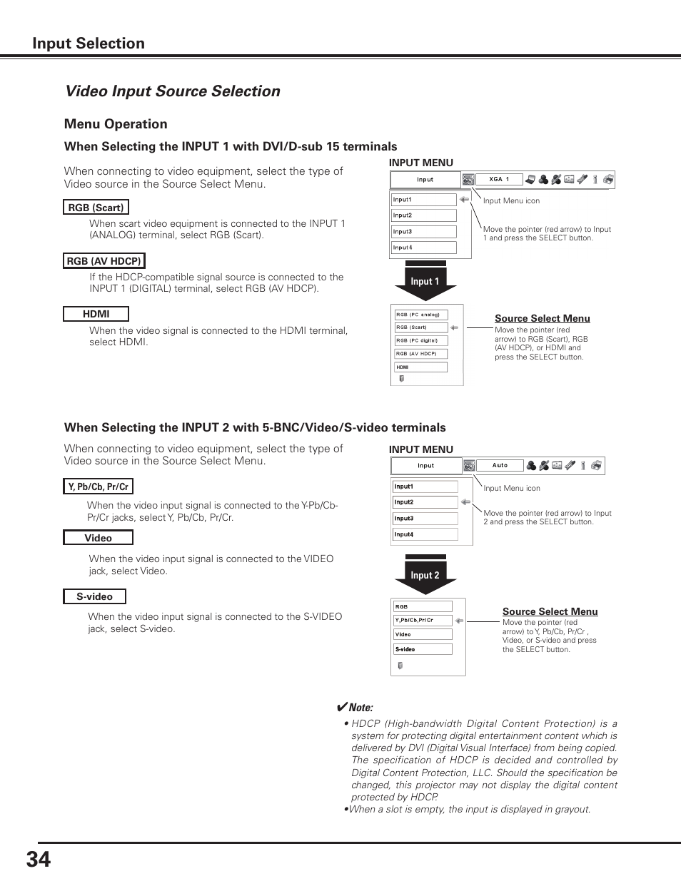 Video input source selection, Video input source selection input selection, Menu operation | Sanyo PDG-DHT8000L User Manual | Page 34 / 94