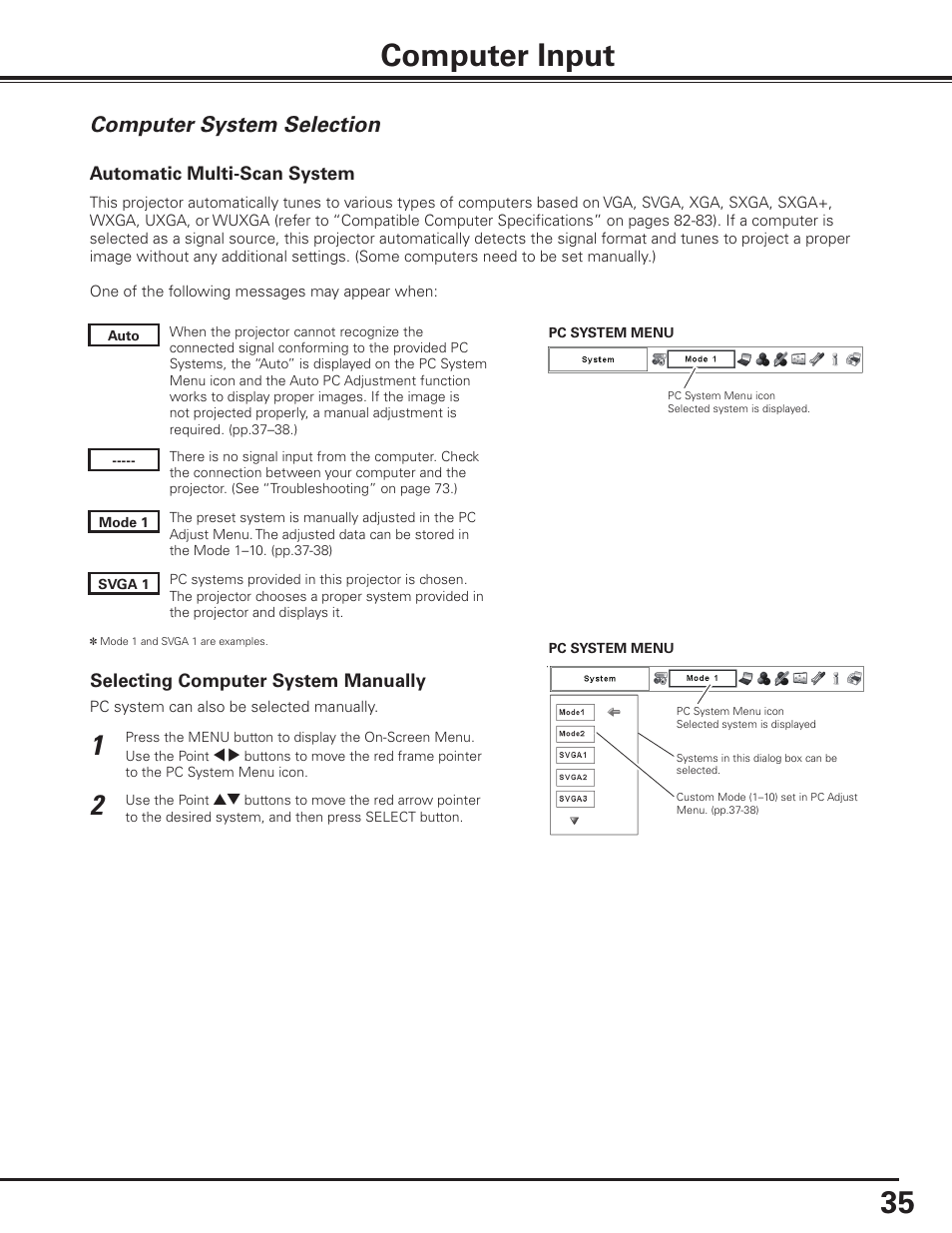 Computer input, Computer system selection | Sanyo PDG-DHT8000L User Manual | Page 35 / 94