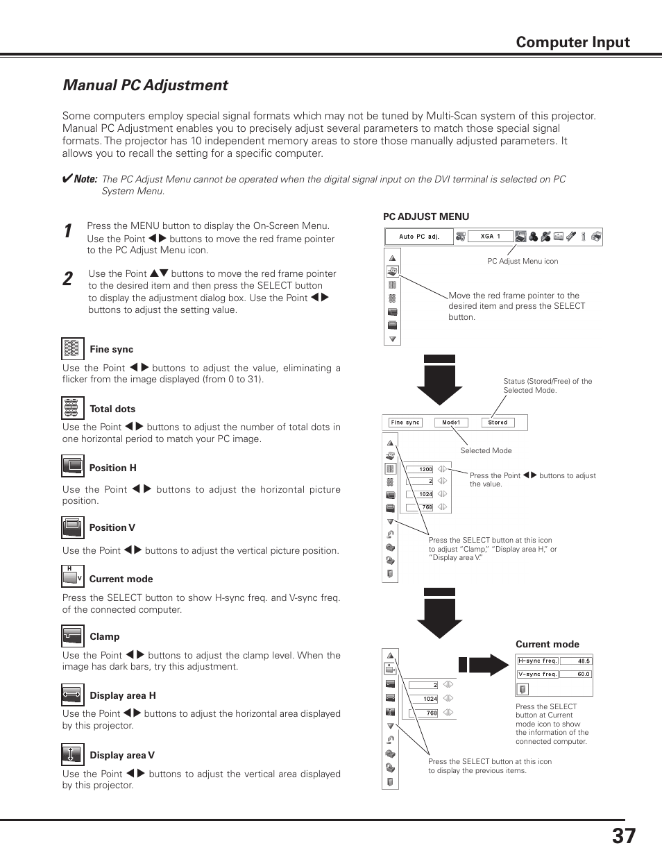 Manual pc adjustment, Computer input | Sanyo PDG-DHT8000L User Manual | Page 37 / 94