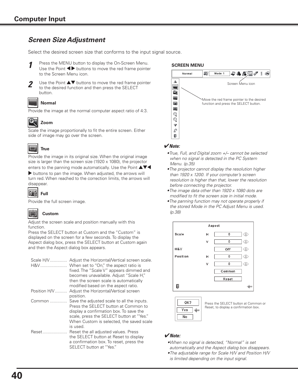 Screen size adjustment, Computer input | Sanyo PDG-DHT8000L User Manual | Page 40 / 94