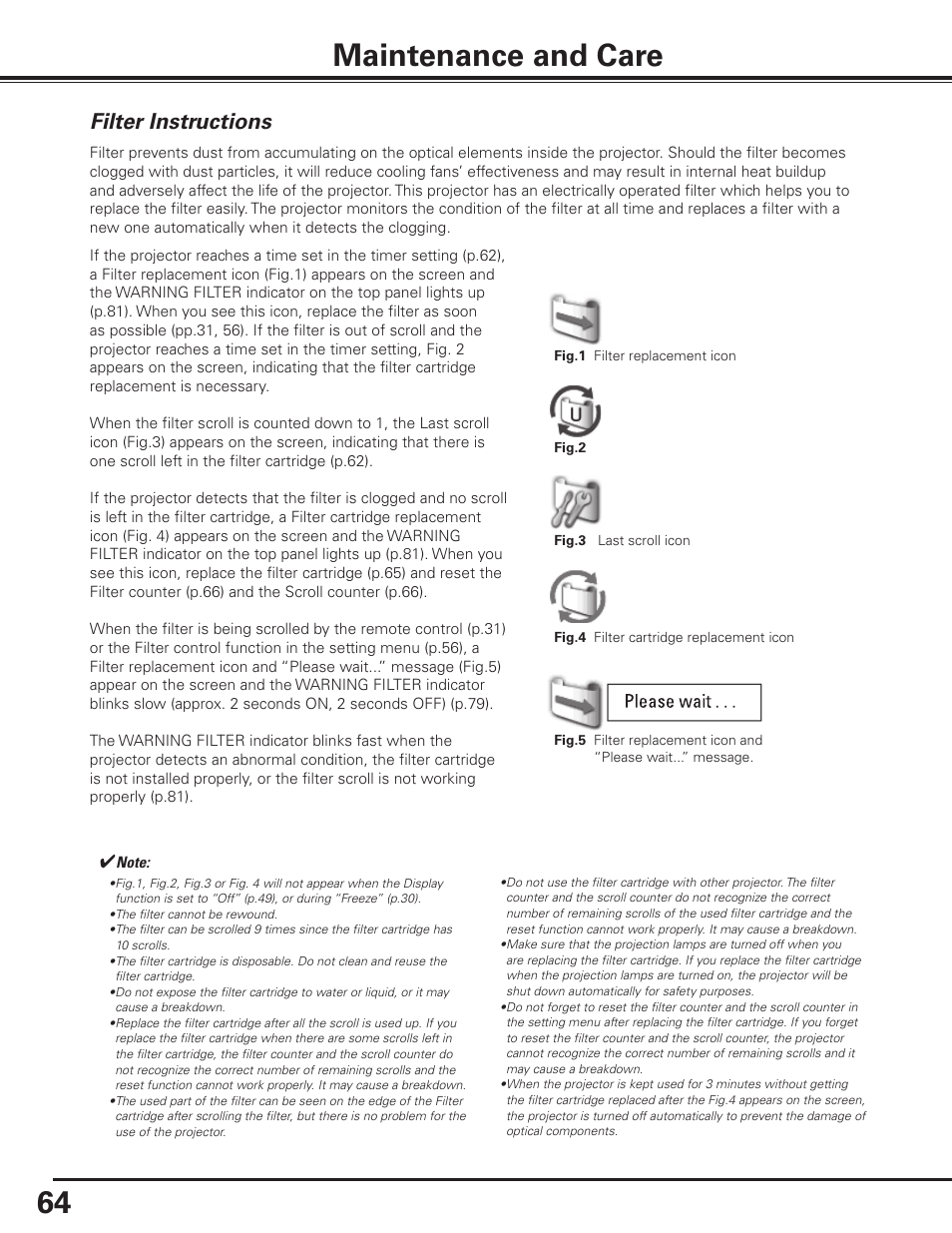 Maintenance and care, Filter instructions, 64 maintenance and care | Sanyo PDG-DHT8000L User Manual | Page 64 / 94