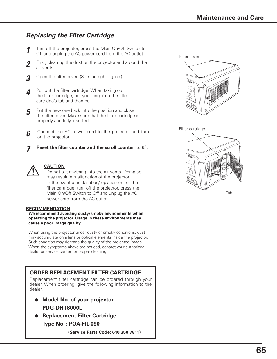 Replacing the filter cartridge, Maintenance and care | Sanyo PDG-DHT8000L User Manual | Page 65 / 94