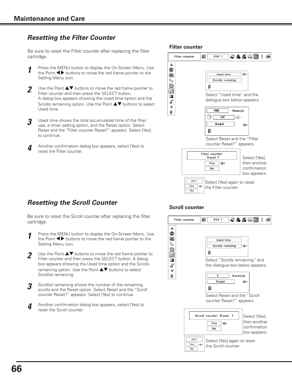 Resetting the filter counter, Resetting the scroll counter, Maintenance and care | Sanyo PDG-DHT8000L User Manual | Page 66 / 94