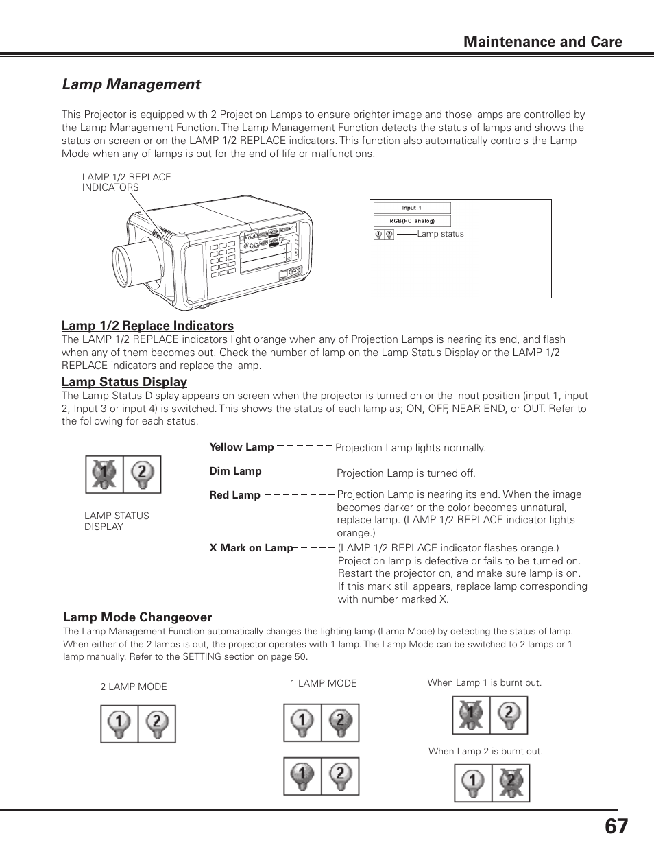 Lamp management, Maintenance and care | Sanyo PDG-DHT8000L User Manual | Page 67 / 94