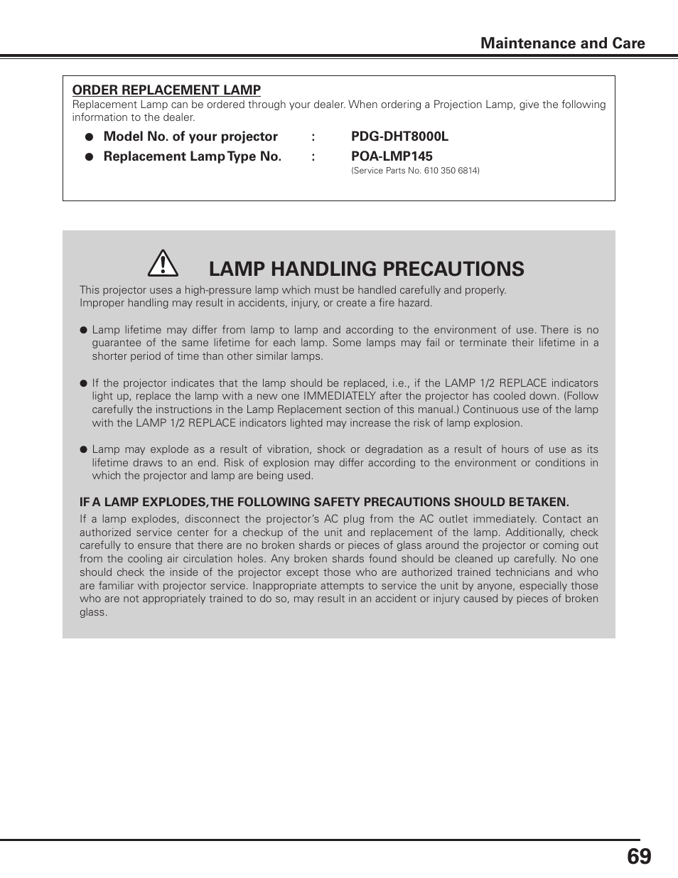 Lamp handling precautions, Maintenance and care | Sanyo PDG-DHT8000L User Manual | Page 69 / 94