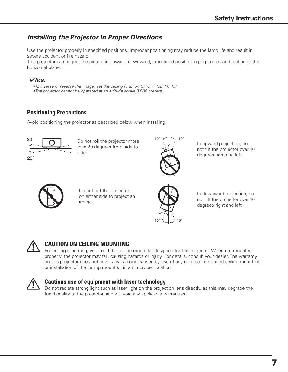 Installing the projector in proper directions, Safety instructions, Positioning precautions | Caution on ceiling mounting, Cautious use of equipment with laser technology | Sanyo PDG-DHT8000L User Manual | Page 7 / 94