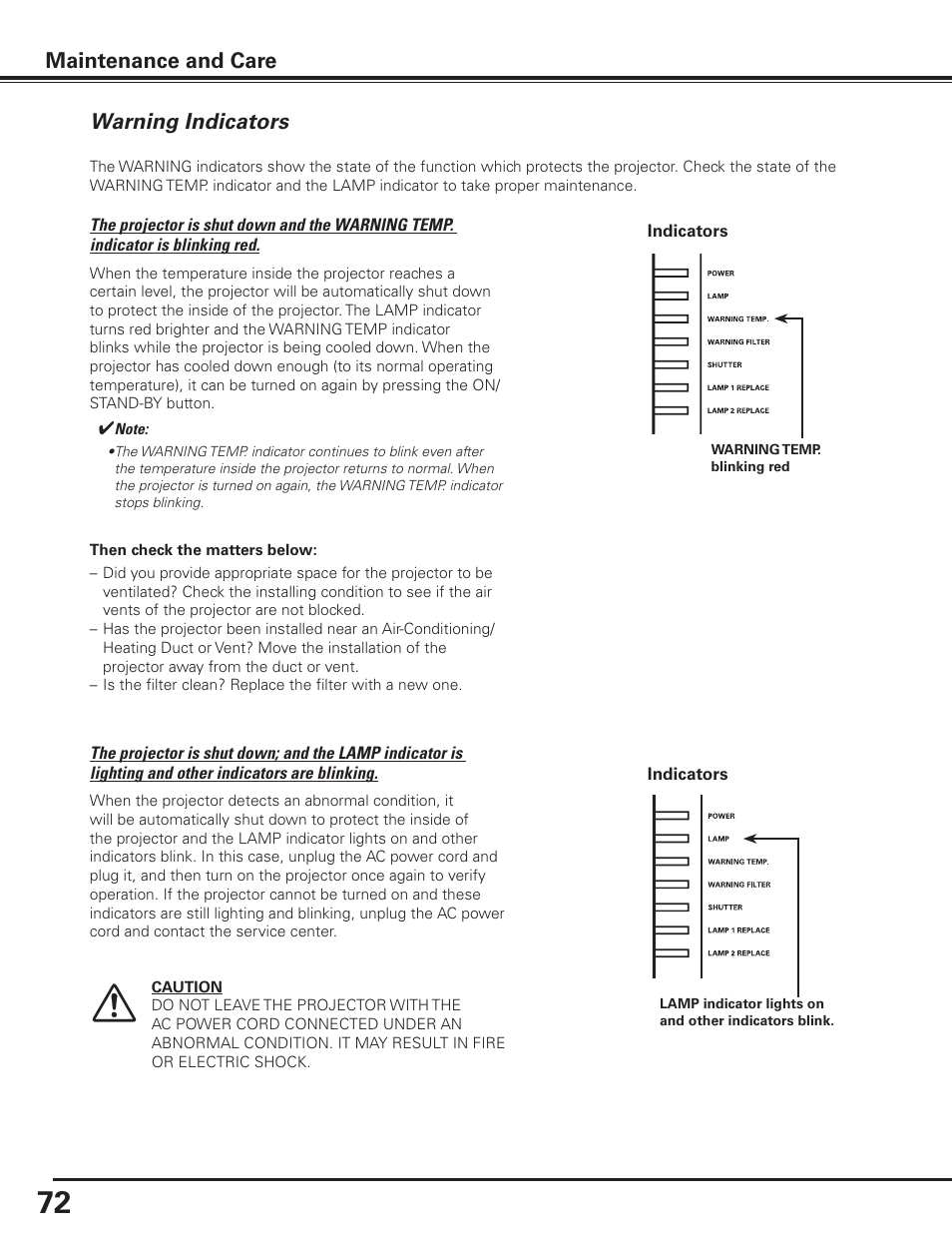 Warning indicators, Maintenance and care | Sanyo PDG-DHT8000L User Manual | Page 72 / 94