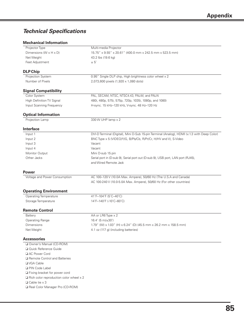 Technical specifications, Appendix | Sanyo PDG-DHT8000L User Manual | Page 85 / 94